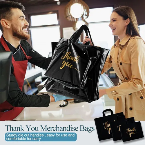 Miniatura 4 de Teling 200 piezas de bolsas de agradecimiento con asas al por mayor, bolsas de mercancía con texto "Thank You" (Agradecimiento) en 3 tamaños, Negro
