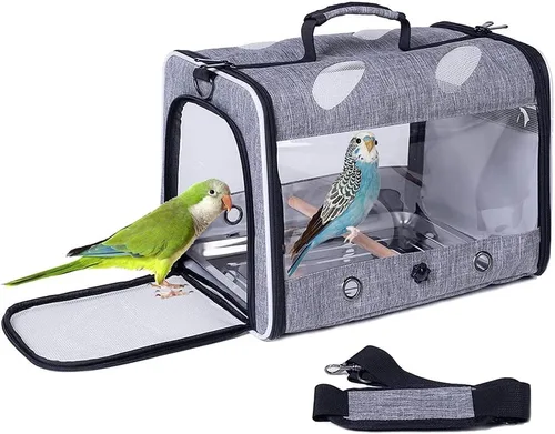 Porta pájaros de viaje con soporte y percha, jaula transpirable para loros, portador de pájaros para senderismo, aprobado para aerolíneas Gris