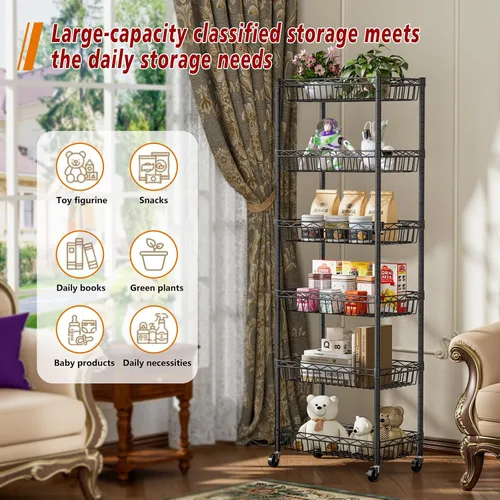 Miniatura 6 de Golpart Estantería de Alambre de 6 Niveles con Cestas, Estantes de Almacenamiento Ajustables, Estante Grande con Cestas para Garaje, Cocina, Negro