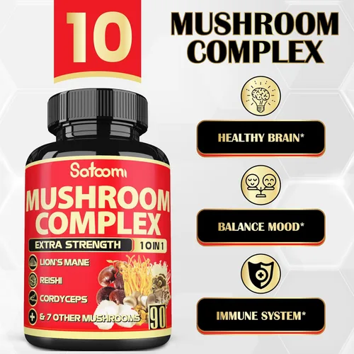Miniatura 2 de Satoomi Complejo de suplementos de hongos 10 en 1 - Melena de león, Cordyceps, Reishi, Chaga - Suplementos cerebrales para la memoria
