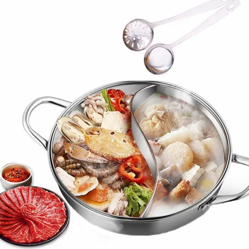 Yuanyang - Olla caliente con divisor de acero inoxidable para estufa de inducción eléctrica a gas (14.2 in, 21 onzas, incluye 2 cucharas)