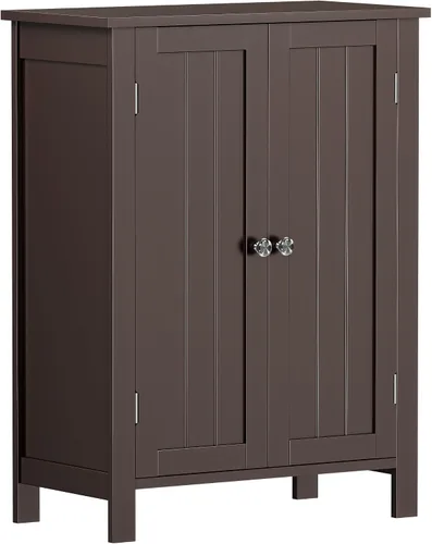 Miniatura 12 de ZENY Armario de almacenamiento de piso de baño con puerta doble + estante ajustable, armario organizador de madera para sala de estar, baño, Negro
