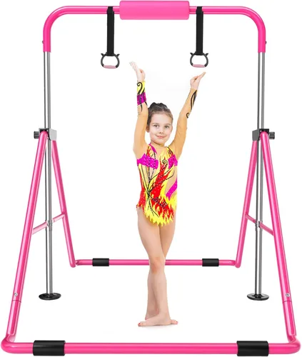 Miniatura 10 de Safly Fun Foldable Gymnastics Bar for Kids, Adjustable 35"-51", Sturdy 145 lbs Capacity, Easy-to-Assemble, Gymnastics Equipment for Kids for Rosa