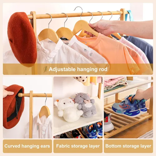 Miniatura 5 de Perchero de bambú para niños con 2 cestas de almacenamiento y 2 varillas ajustables para colgar, soporte para ropa infantil con estante, estantes