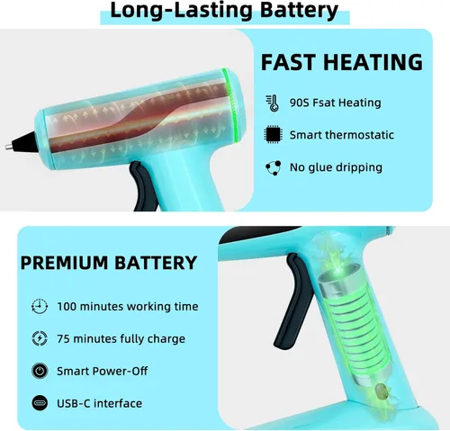 Miniatura 3 de Pistola de pegamento caliente inalámbrica, pistola de pegamento termofusible recargable de 2 Ah, batería incorporada, apagado inteligente, kit