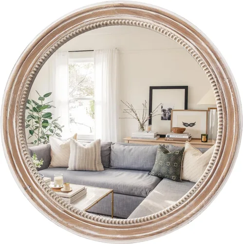 Sawsile - Espejo redondo de madera, espejo circular rústico de 61 cm con marco de madera natural estilo granja y cuentas boho para pared, para baño,