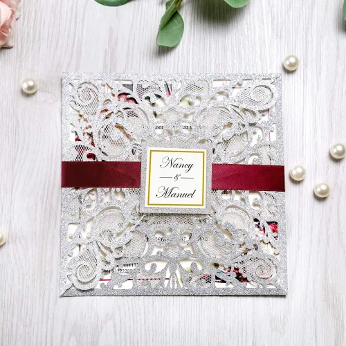 Miniatura 11 de Tarjetas de invitaciones de boda cuadradas de 6.3 x 6.3 pulgadas, corte calado mediante láser, diseño floral, con banda dorada y sobres blancos