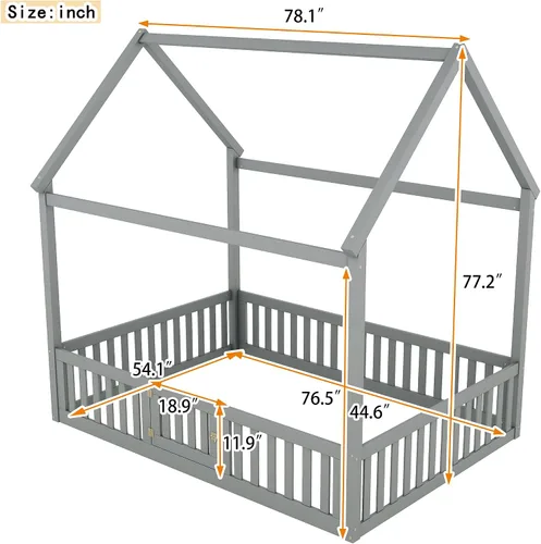 Miniatura 2 de VilroCaz Cama de casa de tamaño matrimonial para niños, marco de cama Montessori de madera maciza con valla y puerta para niños y niñas, diseño