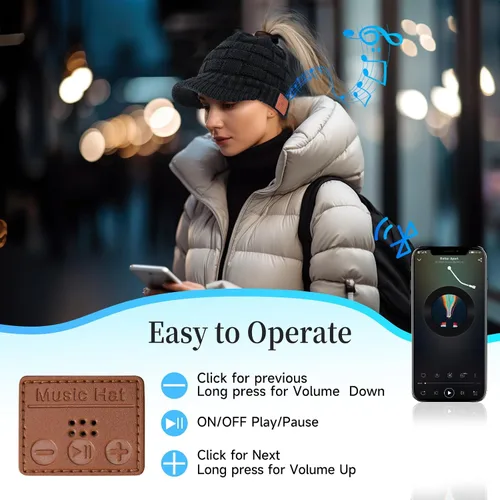 Miniatura 2 de Gorro Bluetooth para mujer con agujero para cola de caballo, gorro con auriculares integrado, micrófono integrado, regalos para mujer, W2-negro