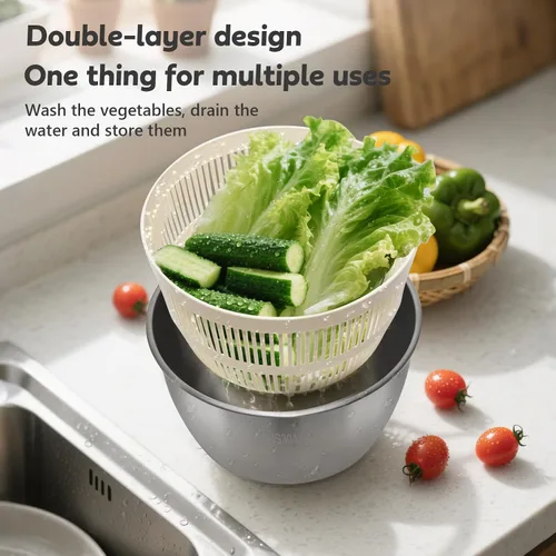 Miniatura 3 de Escurridor de ensalada de acero inoxidable, secadora manual de lechuga con tapa, lavabo, marco de drenaje y base antideslizante, centrifugador