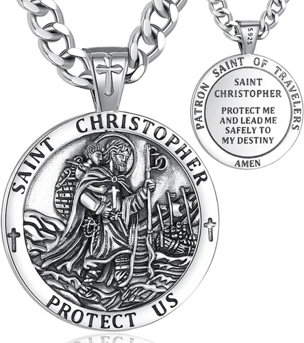Miniatura 395 de EUDORA Collar de plata de ley 925, San Cristóbal y San Benito, San Miguel, Virgen María, San Judas Tadeo, Cruz de Buen Pastor y Arcángel, Medalla