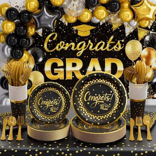 Miniatura 10 de Decoraciones de graduación 2026 – 245 piezas de vajilla desechable de grado (servir 25) y suministros para fiesta de graduación con plato de papel