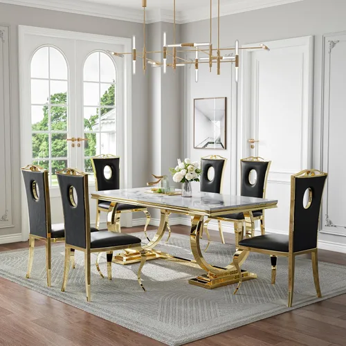 Miniatura 12 de Juego de mesa de comedor de mármol de 70 pulgadas para 6, mesa de cocina grande y sillas de cuero negro, mesas de comedor modernas negras y doradas