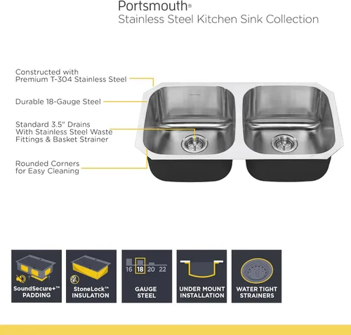 Miniatura 4 de American Standard 18CR.9322100S.075 Portsmouth - Fregadero de cocina con doble tazón, 32 x 21 pulgadas, acero inoxidable