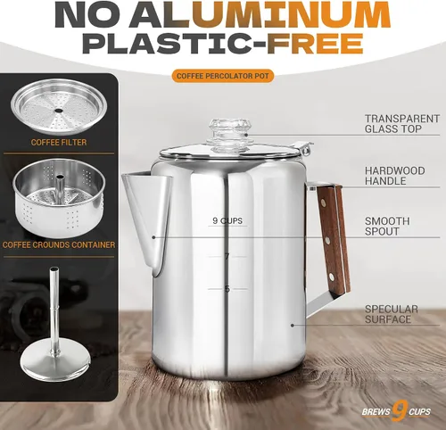 Miniatura 3 de Percolator Pot - Olla de café de acero inoxidable para acampar, sin aluminio o plástico, estufa de café (9 tazas)