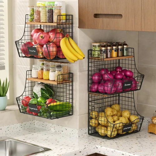 Miniatura 2 de Cesta de frutas para cocina con tapa, cesta de frutas colgante para mostrador y pared, almacenamiento de papas y cebollas, almacenamiento de frutas