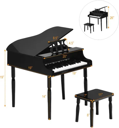 Miniatura 7 de Costzon Piano Clásico para Niños, Piano de Juguete de Madera con 30 Teclas, con Soporte para Partituras y Banco, Mini Juguete Musical para Niños