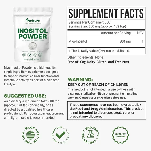 Miniatura 2 de Purisure Inositol en polvo, 8.82 oz, fertilidad, equilibrio hormonal y apoyo ovárico, polvo puro, suplemento de inositol para apoyar la energía