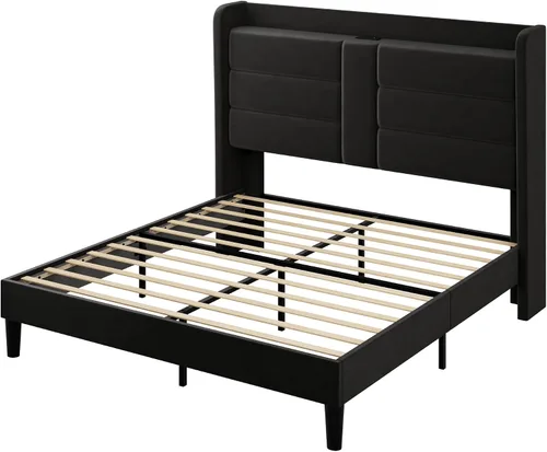 Miniatura 10 de Allewie Base de cama de plataforma tamaño Queen con estación de carga y cabecera de almacenamiento, diseño tapizado de terciopelo con respaldo