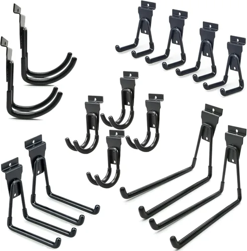 Slatwall - Ganchos para colgar en la pared, accesorios de Slatwall para garaje, ganchos y ganchos de varios tamaños, paquete de 14