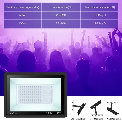 Miniatura 5 de XYCN Paquete de 2 bombillas LED de luz negra de 100 W, foco de luz negra con enchufe y interruptor, neón con clasificación de protección IP66