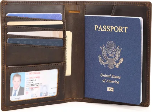 Miniatura 5 de Polare - Cartera de viaje de cuero de grano completo, plegable, funcional, delgada, con bloqueo RFID, soporte para pasaporte para hombres, Marrón