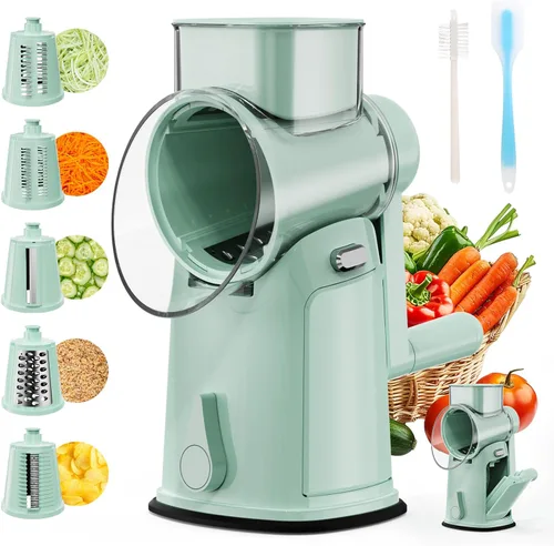 Rallador de queso giratorio 7 en 1 mejorado con asa, triturador de verduras con ranura de almacenamiento incorporada, 5 cuchillas versátiles, base