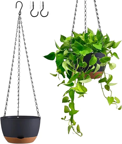 Miniatura 7 de Juego de 2 macetas colgantes de autoriego de 8 pulgadas para plantas de interior y exterior, cestas colgantes de bloques de color, macetas