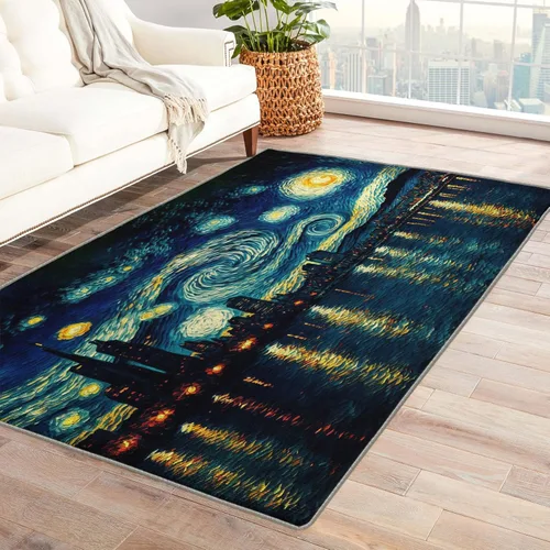 Alfombra de noche estrellada de 4 x 6 pulgadas, alfombra de pintura al óleo, alfombras lavables para decoración de sala de estar y dormitorio, Noche