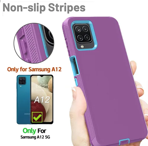 Miniatura 3 de Funda resistente para Samsung Galaxy A12, con clip, a prueba de golpes y caídas, a prueba de polvo, morado y azul cielo