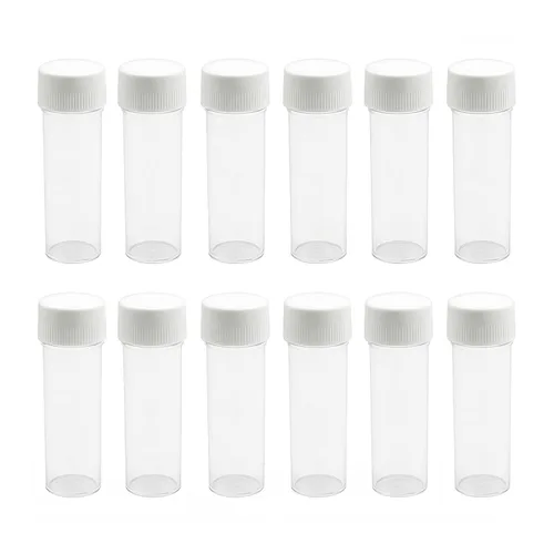 12PCS 0.8 fl oz botellas de muestra de plástico tubos viales mini caja de almacenamiento transparente con tapa de rosca pequeños tubos de ensayo