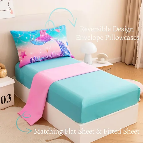 Miniatura 5 de ZRNBAST Juego de ropa de cama para niñas pequeñas de 4 piezas con cola de sirena, color rosa, turquesa, degradado, arco iris, colorido, ropa de cama