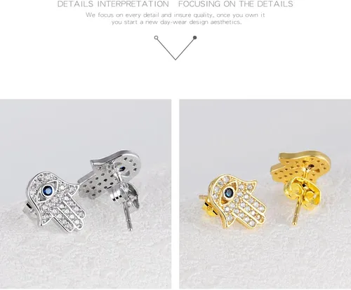 Miniatura 2 de Aretes de tuerca chapados en oro amarillo y blanco con diseño de mano de Fátima y circonita cúbica blanca y azul de Hamsa para mujeres, adolescentes