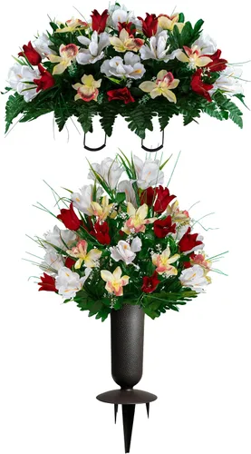 Miniatura 17 de Sympathy Silks Flores de cementerio artificiales - Decoración de tumbas - Tulipanes rojos e iris blancos (1) Ramo Rojo Blanco