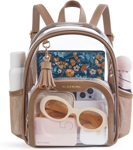 Miniatura 15 de Missnine Mochila transparente aprobada para estadios, mini bolsa transparente de PVC grueso con ribete de cuero para eventos deportivos, conciertos