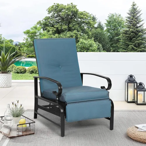 Miniatura 2 de Oakcloud Sillón Ajustable para Exteriores Silla Reclinable Relajante de Metal para Patio con Cojines Extraíbles (Azul Pavo Real)