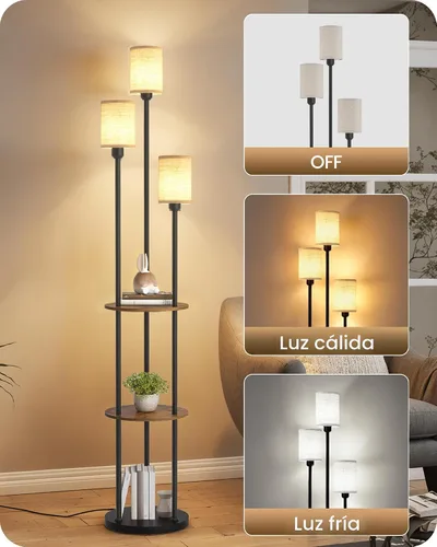 Miniatura 5 de Lámpara de pie de 180 cm con estantes, lámpara de pie moderna con 3 pantallas de lino y interruptor de pie, lámpara de pie de 3 luces, para sala