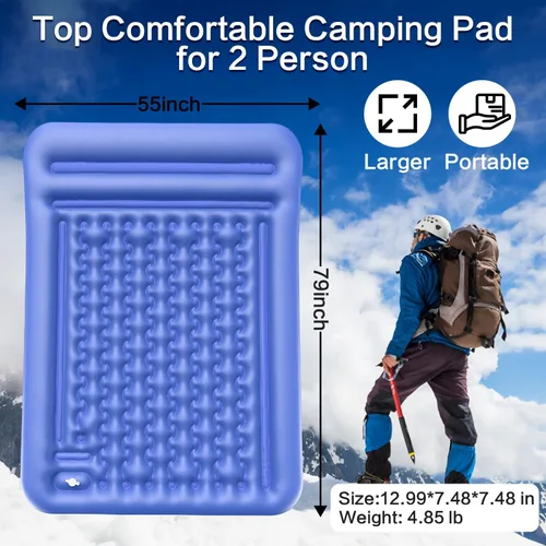 Miniatura 2 de Colchoneta de dormir doble para campamento, extra gruesa de 5 pulgadas, autoinflable para 2 personas, con bomba de pie integrada, alfombrilla