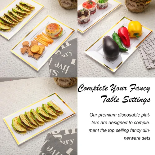 Miniatura 4 de Uiifan 30 bandejas de plástico para servir a granel, borde de oro blanco, elegante, rectangular, desechable, mesa de postre de plástico, bandejas