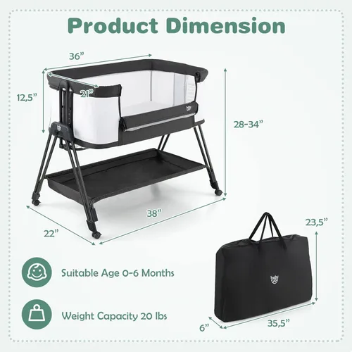 Miniatura 8 de BABY JOY Moisés para dormir junto a la cama, cuna plegable fácil con malla en todos los lados, estante de almacenamiento, 7 alturas ajustables, Negro