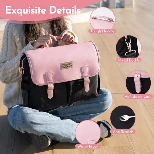 Miniatura 2 de Bolsa de mano para laptop para mujer, bolsa de trabajo de lona de 15.6 pulgadas con 17 bolsillos, color negro y beige, elegante, duradera y ligera