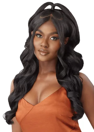 Miniatura 5 de Outre - Peluca con cierre de encaje 5x5 - Mezcla de cabello humano - Rizo corporal de 24 pulgadas (DR2/CHOCOLATE SWIRL)