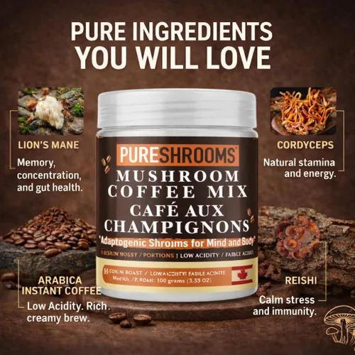 Miniatura 4 de PureShrooms Café instantáneo de hongos con melena de león orgánica, reishi y cordyceps Arábica colombiana liofilizada 600 mg de extractos