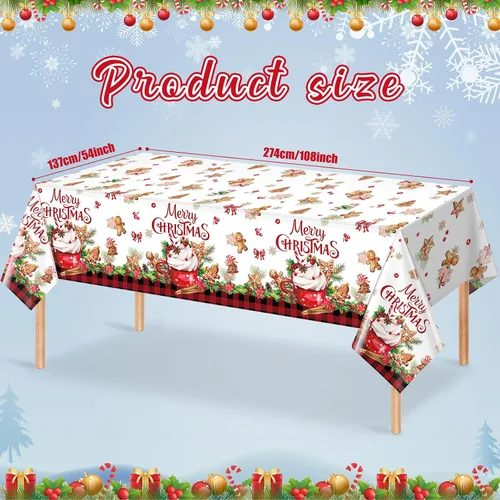 Miniatura 2 de 3 piezas de manteles de fiesta Feliz Navidad a cuadros de búfalo de pan de jengibre, cubierta de mesa rectangular de plástico rojo y negro a cuadros