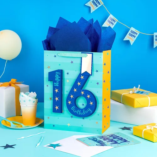 Miniatura 3 de Loveinside Bolsa de regalo azul de cumpleaños con papel de seda, etiqueta de regalo y tarjeta de felicitación para niños, adolescentes, fiestas