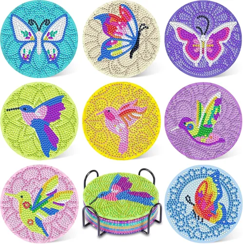 UPINS Kit DIY, Posavasos de Arte de Pintura de Diamantes con Soporte, Juego de 8 Piezas de Posavasos de Colibrí y Mariposa, Suministros de Mariposa
