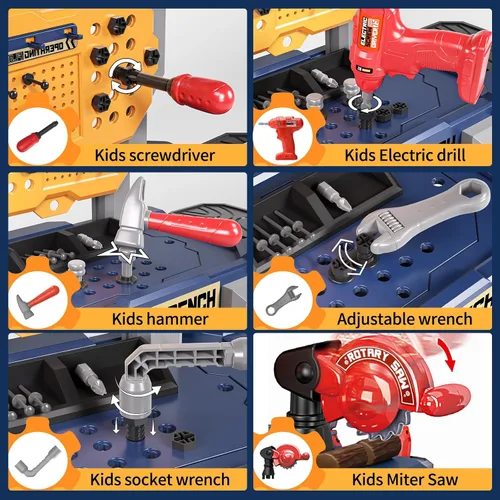 Miniatura 2 de Deejoy Banco para niños con herramientas realistas y taladro eléctrico, 79 herramientas de juguete realistas con ropa, regalo de aprendizaje