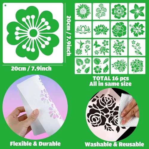 Miniatura 2 de Sotpot 16 plantillas de flores para dibujar flores grandes, plantillas de pintura, plantillas de bricolaje para pared de madera, decoración del hogar