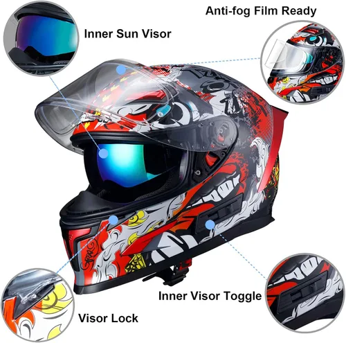 Miniatura 4 de BEON Full Face Motorcycle Helmet, Street Bike Helmet with Clear&Tinted Visors and Multiple Vents, Motocross Casco DOT Approved for Adult Men Women