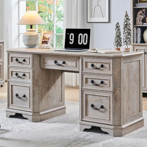Miniatura 9 de T4TREAM - Escritorio ejecutivo de 59" estilo granja con estante superior, escritorio de madera para oficina en casa, con bandeja para teclado